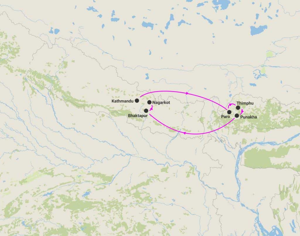 harta circuit butan nepal marele tur
