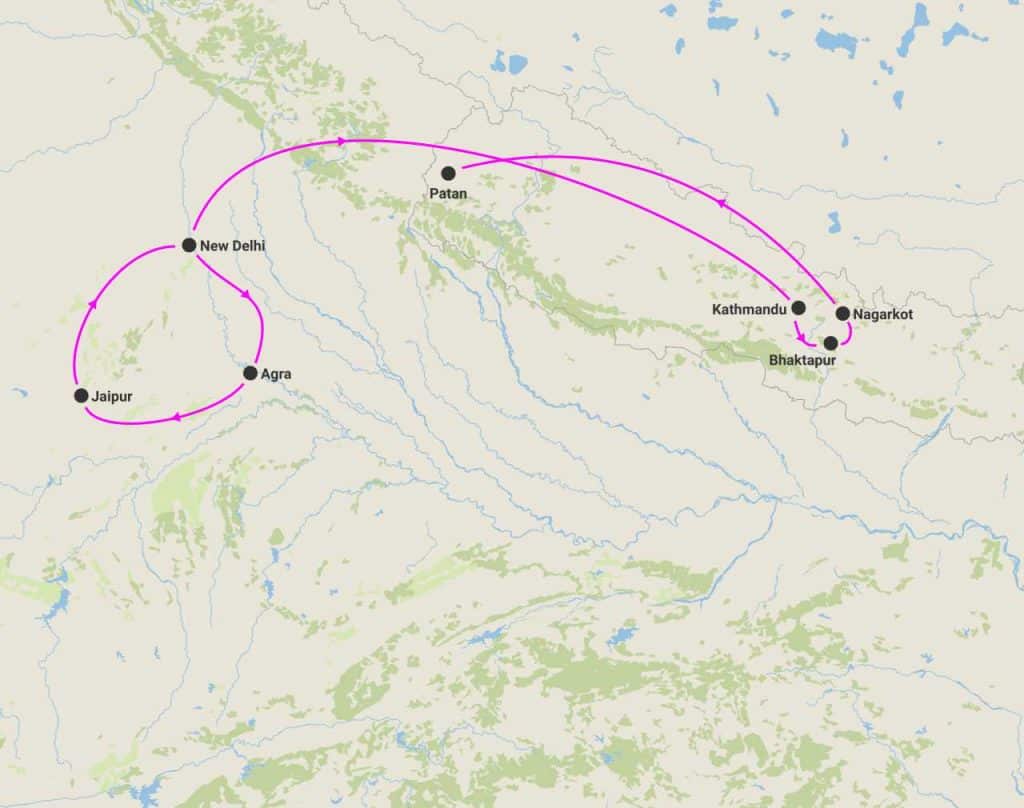 harta circuit india triunghiul de aur varanasi nepal marele tur
